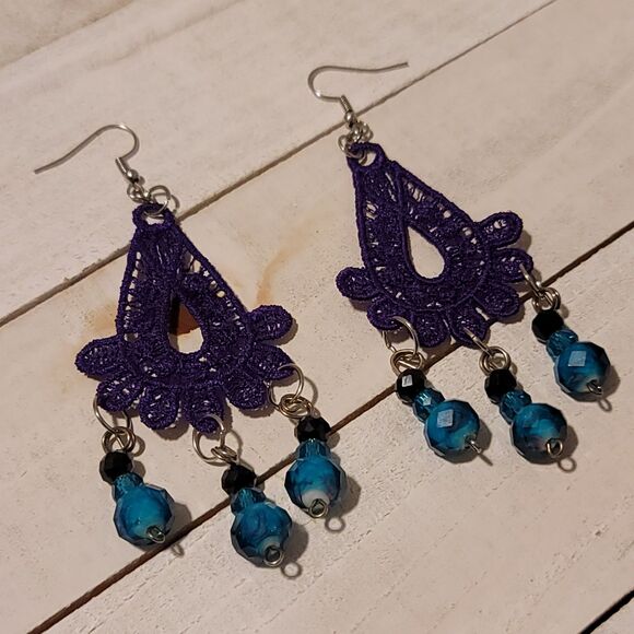 Handmade Purple Embroidered Bead Dangle Earrings - Picture 1 of 5